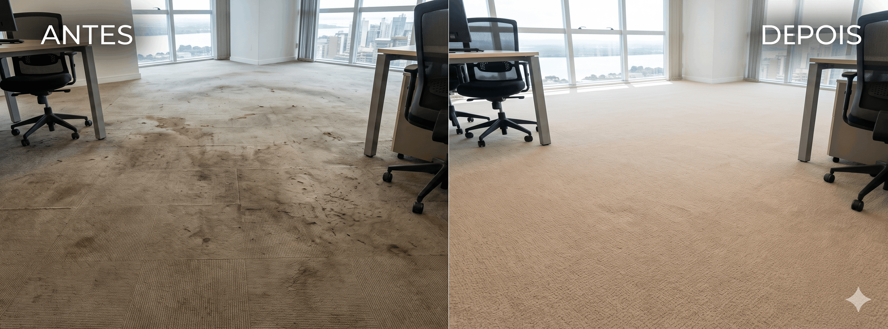 Limpeza profissional de carpete corporativo em Porto Alegre - antes e depois da higienização de carpetes empresariais com eliminação de ácaros, odores e manchas